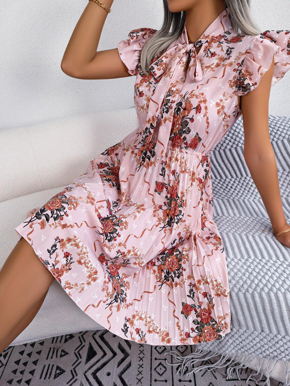 Pleated Floral Printed Tie Neck Knee Length Dress BLUE ZONE PLANET