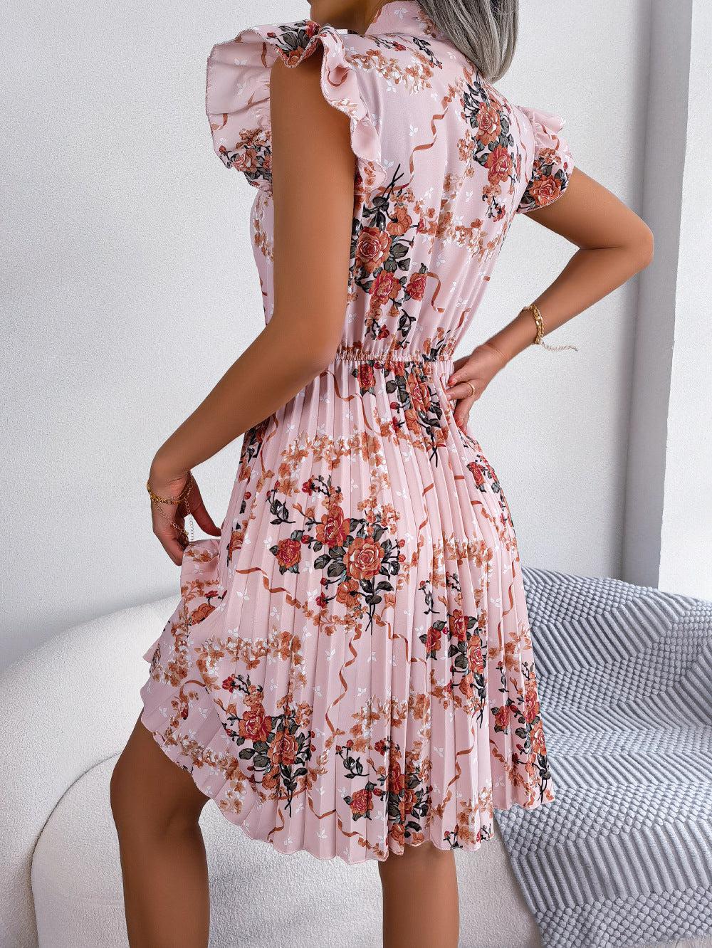 Pleated Floral Printed Tie Neck Knee Length Dress BLUE ZONE PLANET