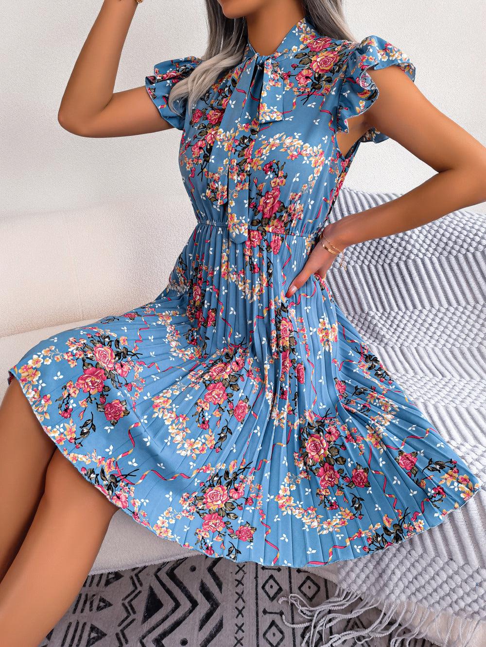 Pleated Floral Printed Tie Neck Knee Length Dress BLUE ZONE PLANET