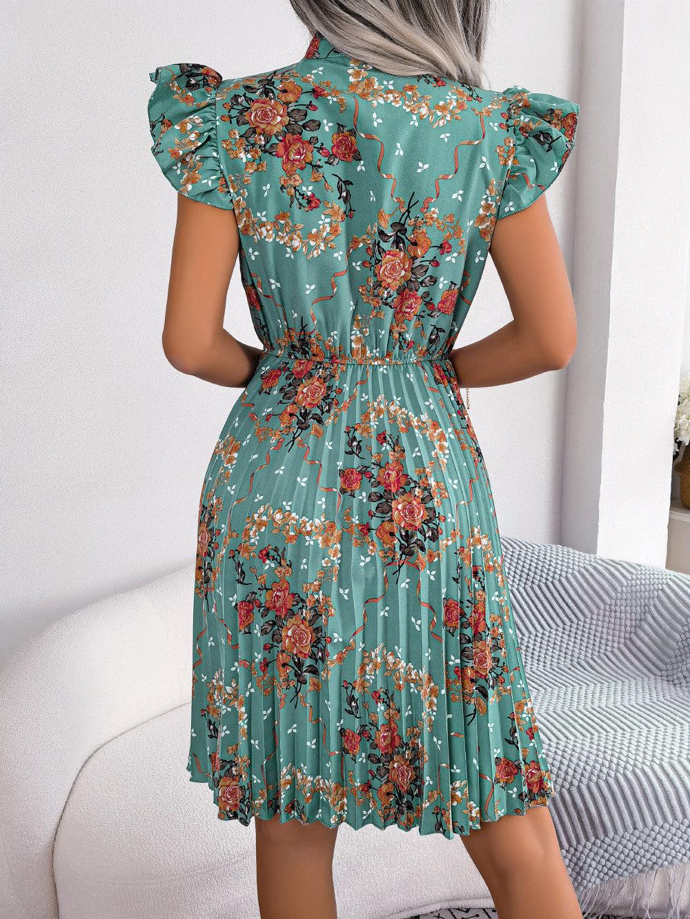 Pleated Floral Printed Tie Neck Knee Length Dress BLUE ZONE PLANET