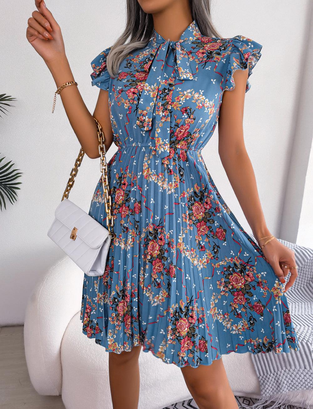 Pleated Floral Printed Tie Neck Knee Length Dress BLUE ZONE PLANET