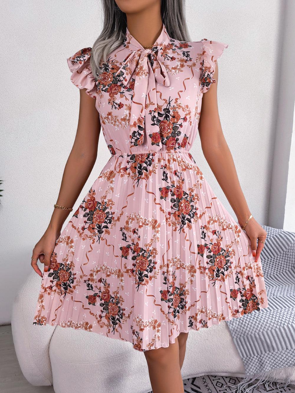 Pleated Floral Printed Tie Neck Knee Length Dress BLUE ZONE PLANET