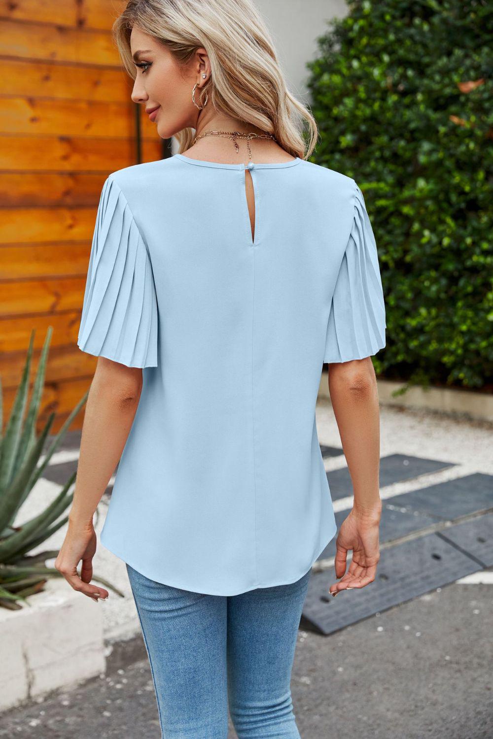 Pleated Flutter Sleeve Round Neck Blouse BLUE ZONE PLANET