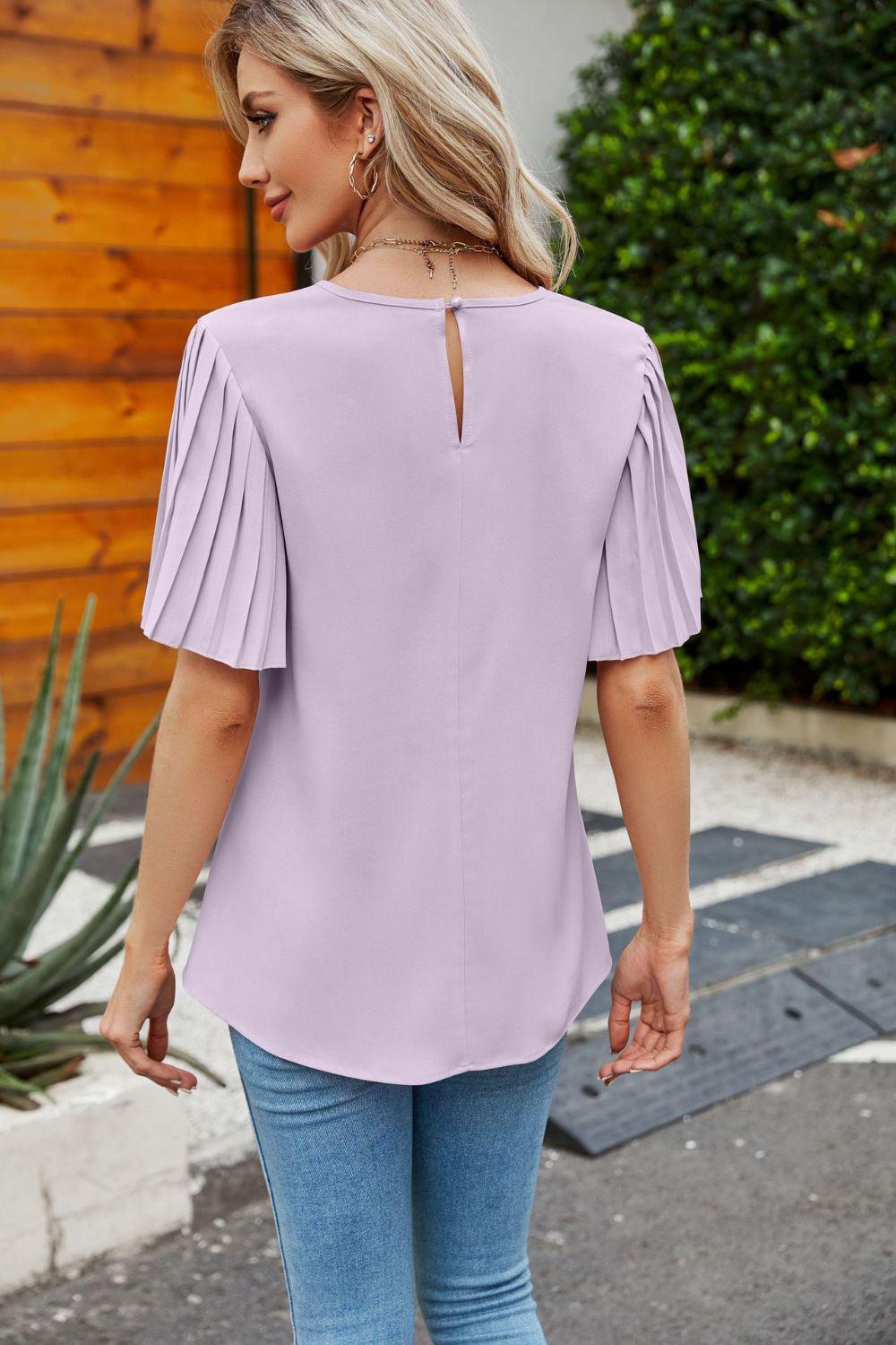 Pleated Flutter Sleeve Round Neck Blouse BLUE ZONE PLANET