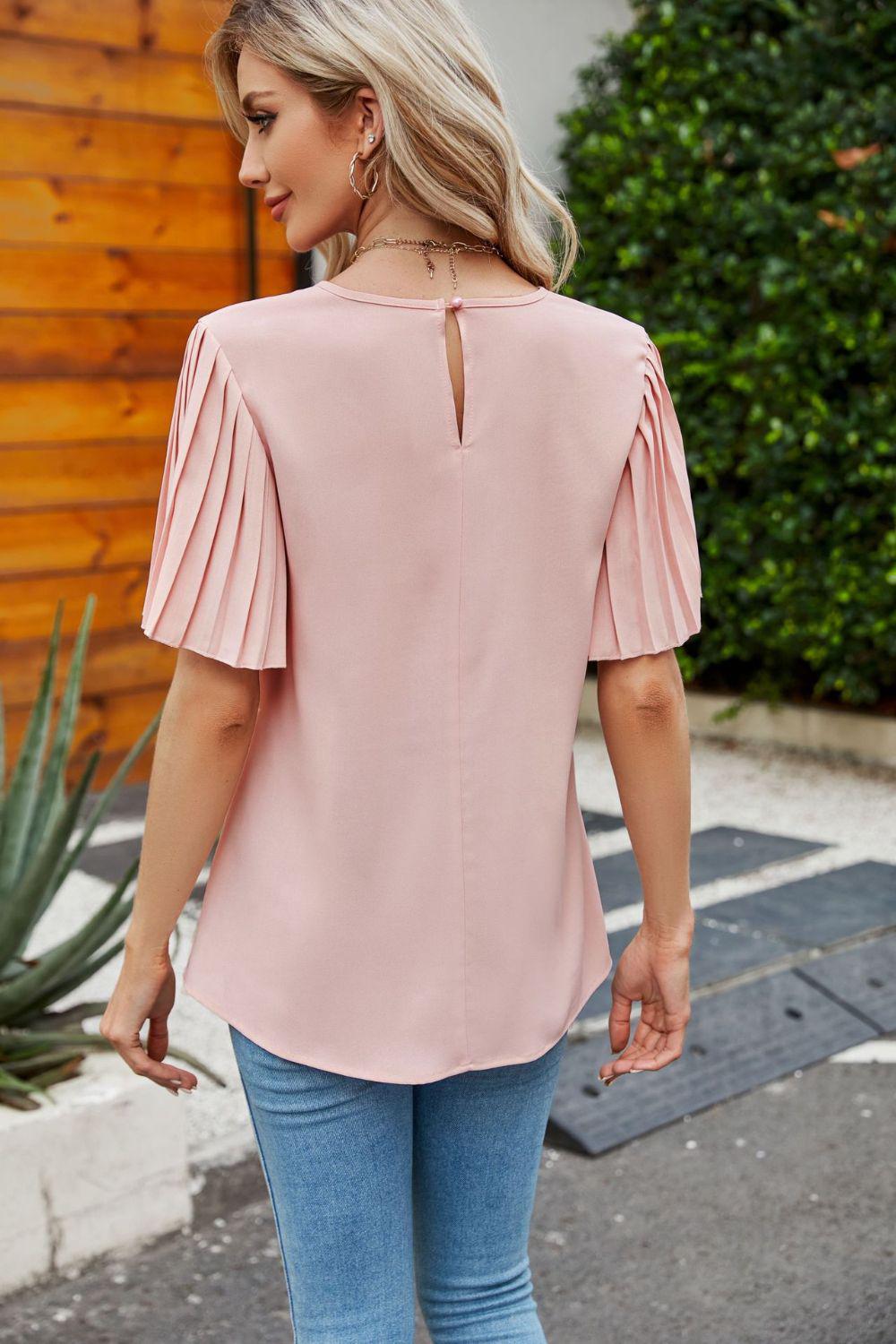 Pleated Flutter Sleeve Round Neck Blouse BLUE ZONE PLANET