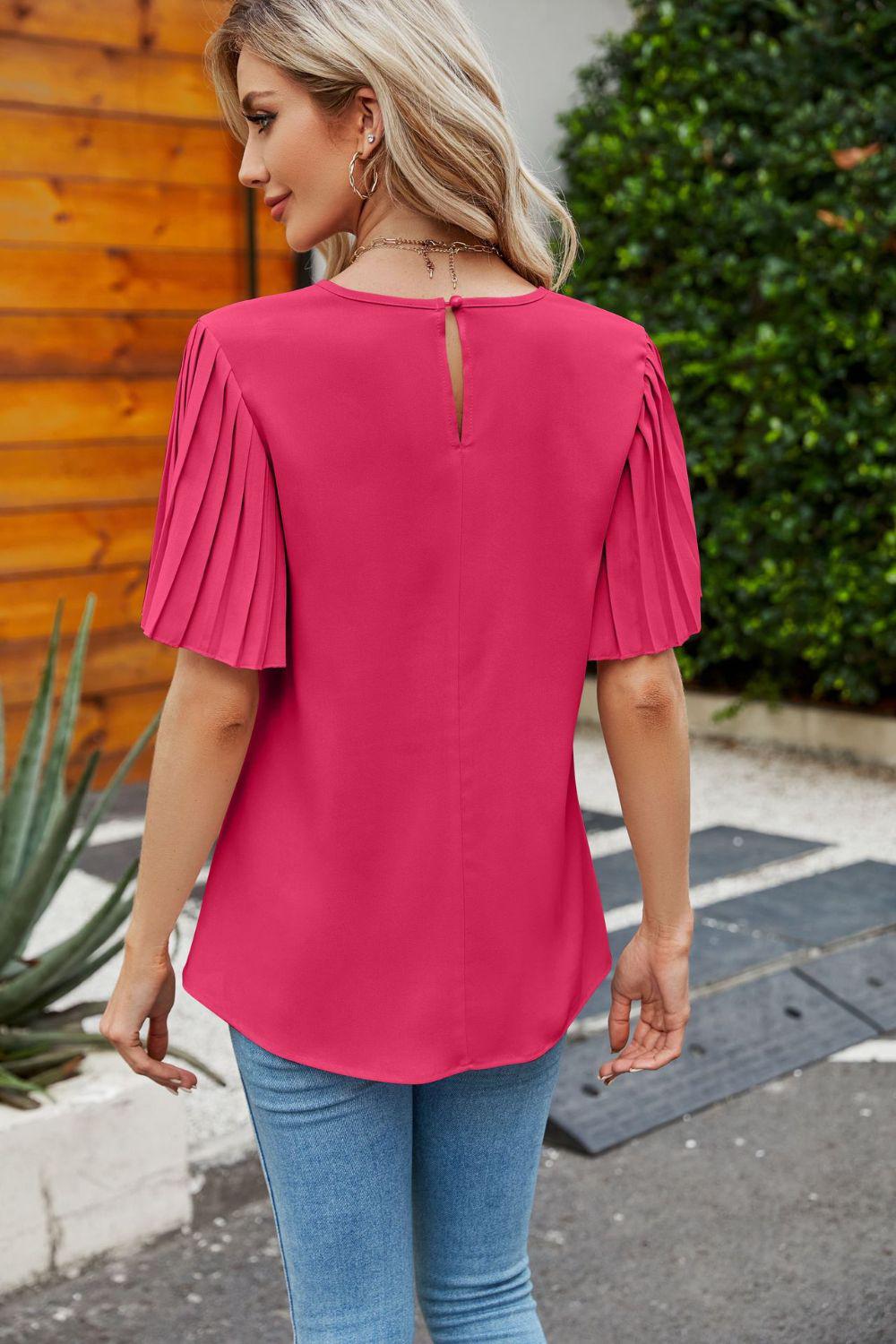 Pleated Flutter Sleeve Round Neck Blouse BLUE ZONE PLANET