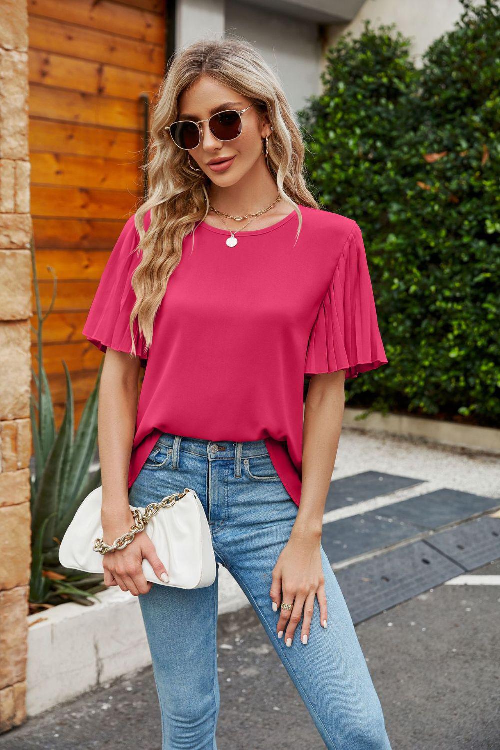 Pleated Flutter Sleeve Round Neck Blouse BLUE ZONE PLANET