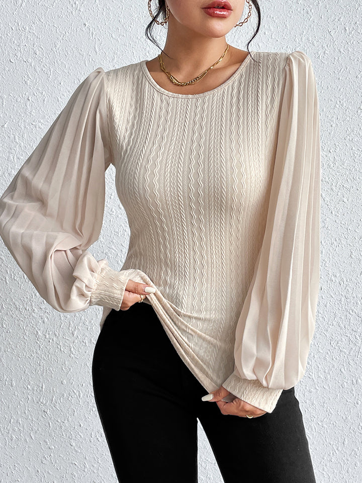 Pleated Puff Sleeve Round Neck Blouse BLUE ZONE PLANET