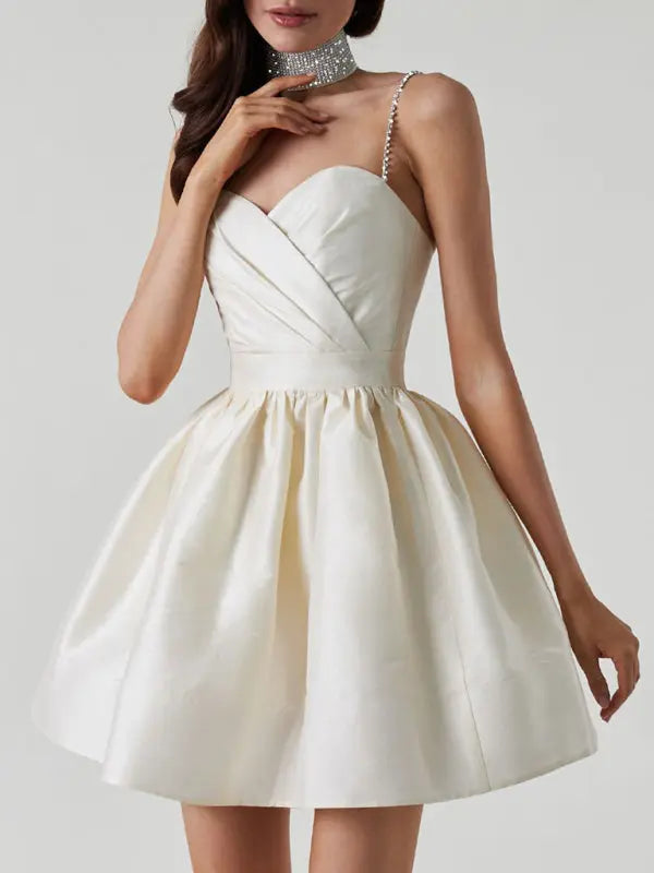 short white satin dress with rhinestones