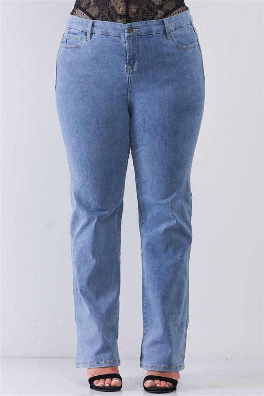 Plus Mid-wash Blue Denim Low-rise Wide-leg Upsized Basic Dad Jeans Blue Zone Planet