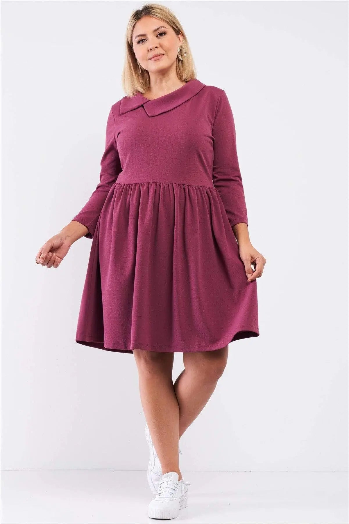 Plus Pleated Preppy Fit & Flare Long Sleeve Asymmetrical Peter Pan Collar Mini Dress Blue Zone Planet