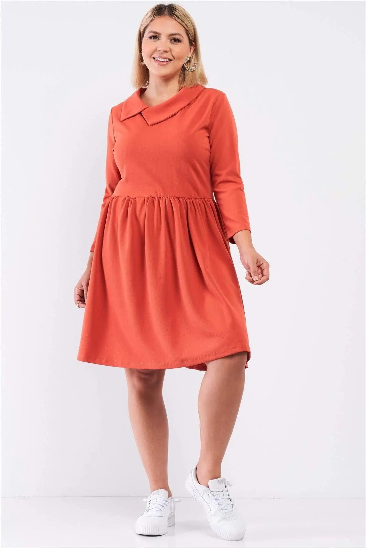 Plus Pleated Preppy Fit & Flare Long Sleeve Asymmetrical Peter Pan Collar Mini Dress Blue Zone Planet