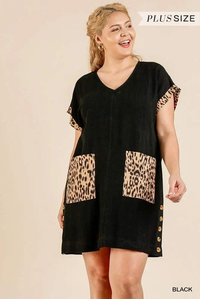 Plus Size Animal Print Short Folded Sleeve V-neck Dress With Side Buttons And Front Pockets Blue Zone Planet