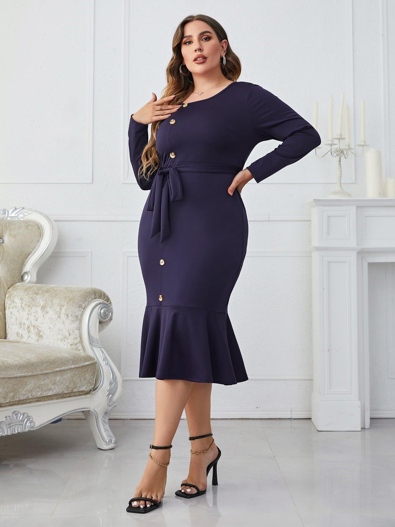 Plus Size Buttoned Round Neck Tie Belt Midi Dress BLUE ZONE PLANET