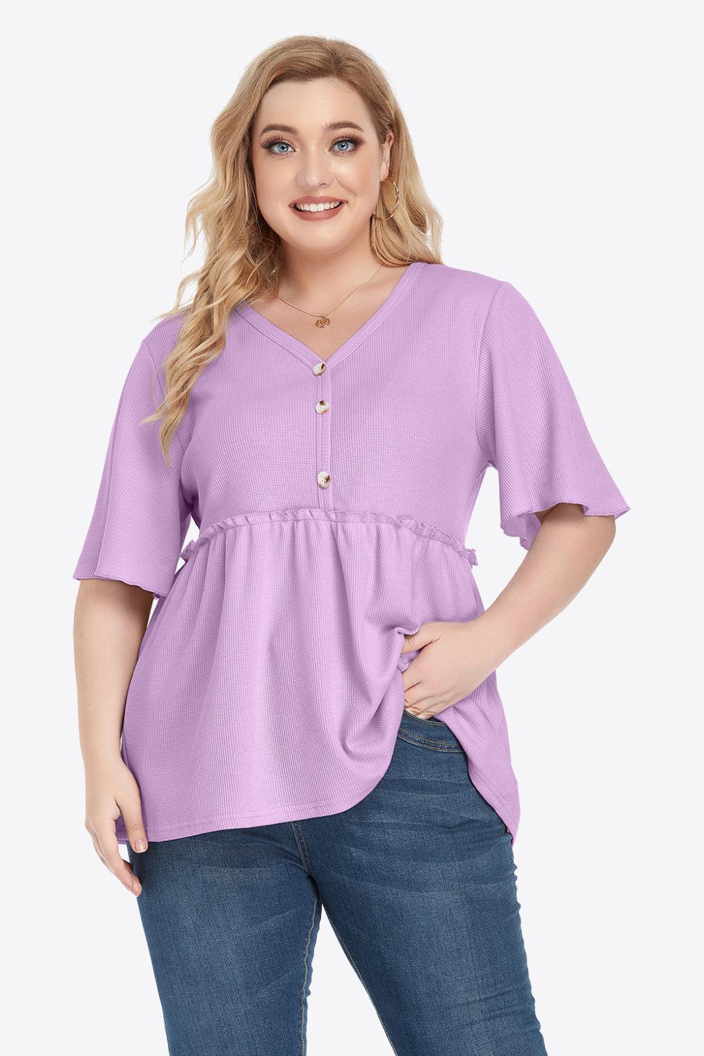 Plus Size Buttoned V-Neck Frill Trim Babydoll Blouse BLUE ZONE PLANET