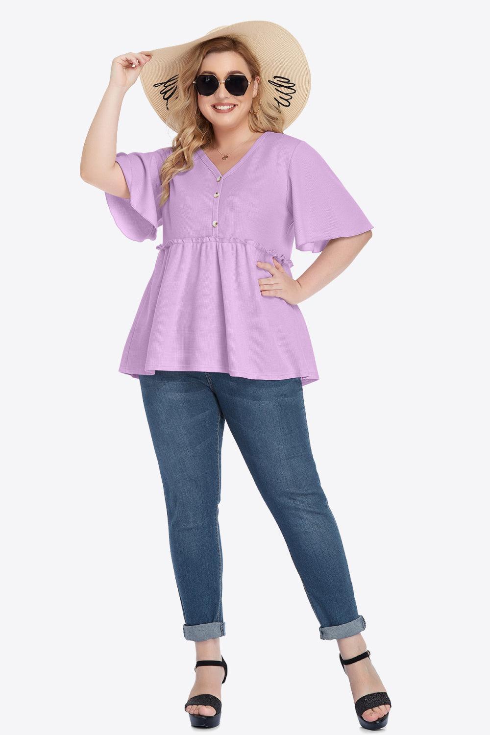 Plus Size Buttoned V-Neck Frill Trim Babydoll Blouse BLUE ZONE PLANET