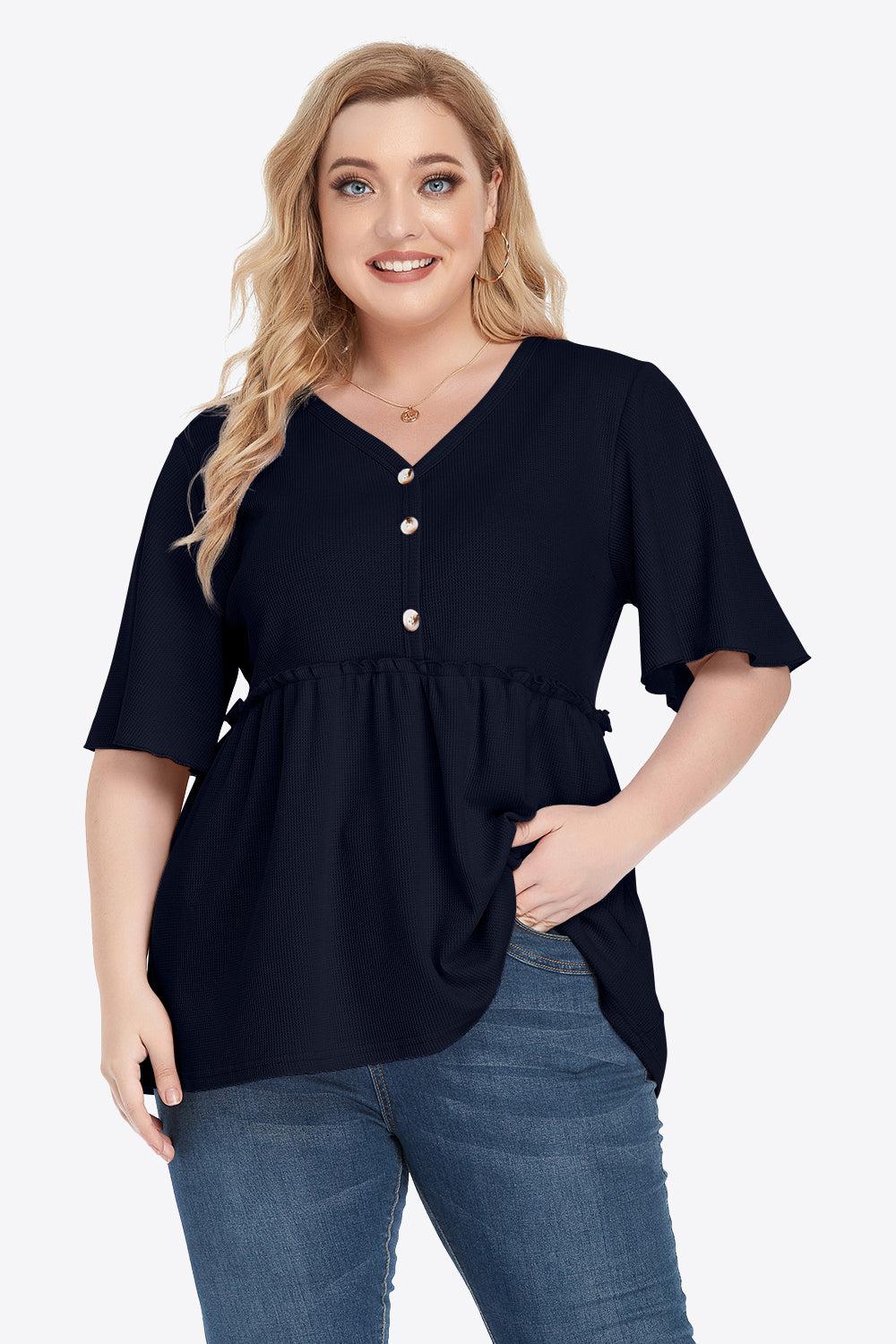 Plus Size Buttoned V-Neck Frill Trim Babydoll Blouse BLUE ZONE PLANET