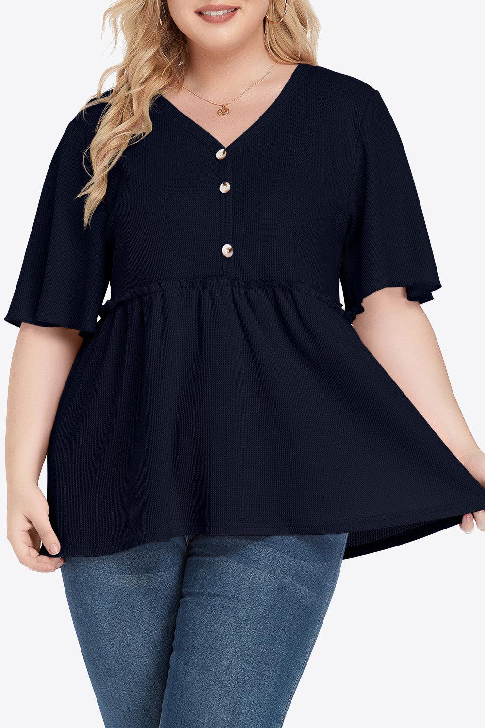 Plus Size Buttoned V-Neck Frill Trim Babydoll Blouse BLUE ZONE PLANET