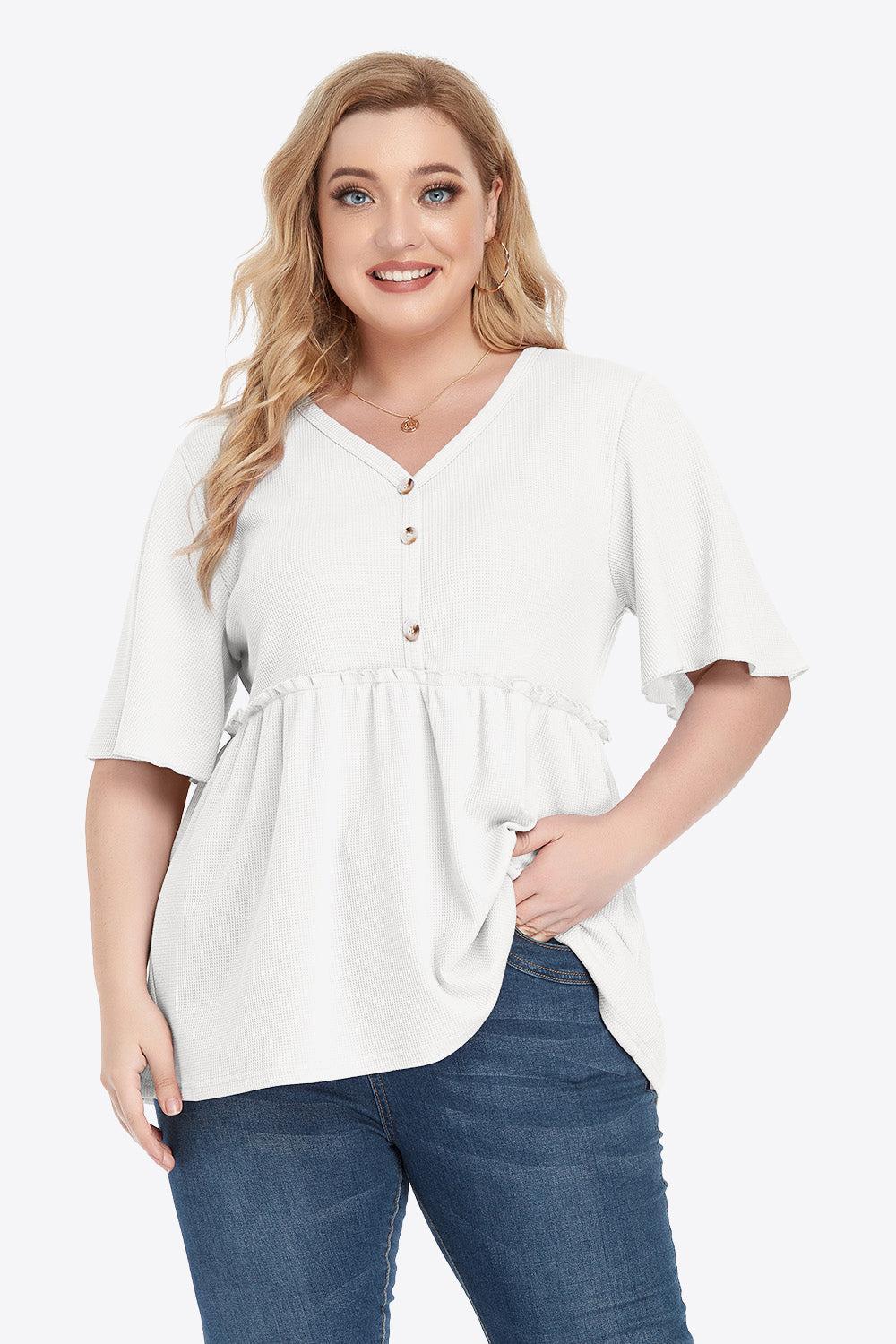 Plus Size Buttoned V-Neck Frill Trim Babydoll Blouse BLUE ZONE PLANET