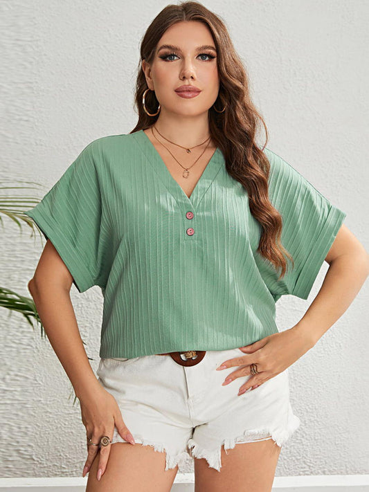 Plus Size Buttoned V-Neck Short Sleeve Top BLUE ZONE PLANET