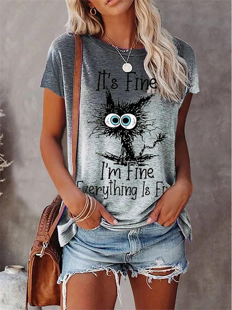 Plus Size Cat Graphic Print & Slogan Short Sleeve Round Neck Medium Stretch Casual T-Shirt Blue Zone Planet