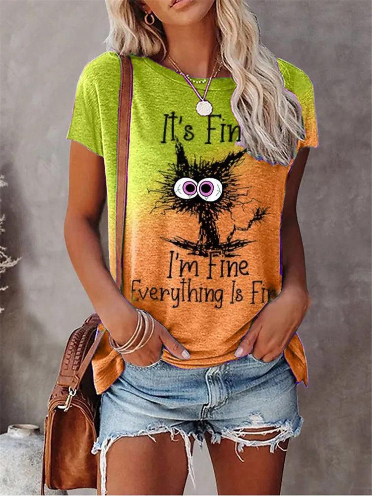 Plus Size Cat Graphic Print & Slogan Short Sleeve Round Neck Medium Stretch Casual T-Shirt Blue Zone Planet