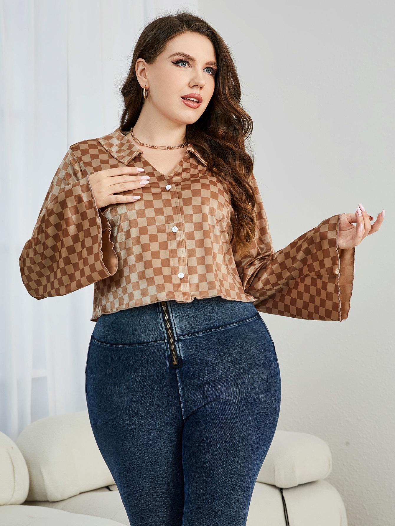 Plus Size Checkered Johnny Collar Flare Sleeve Shirt BLUE ZONE PLANET