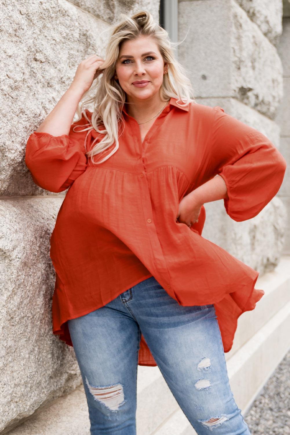 Plus Size Collared Balloon Sleeve Shirt BLUE ZONE PLANET