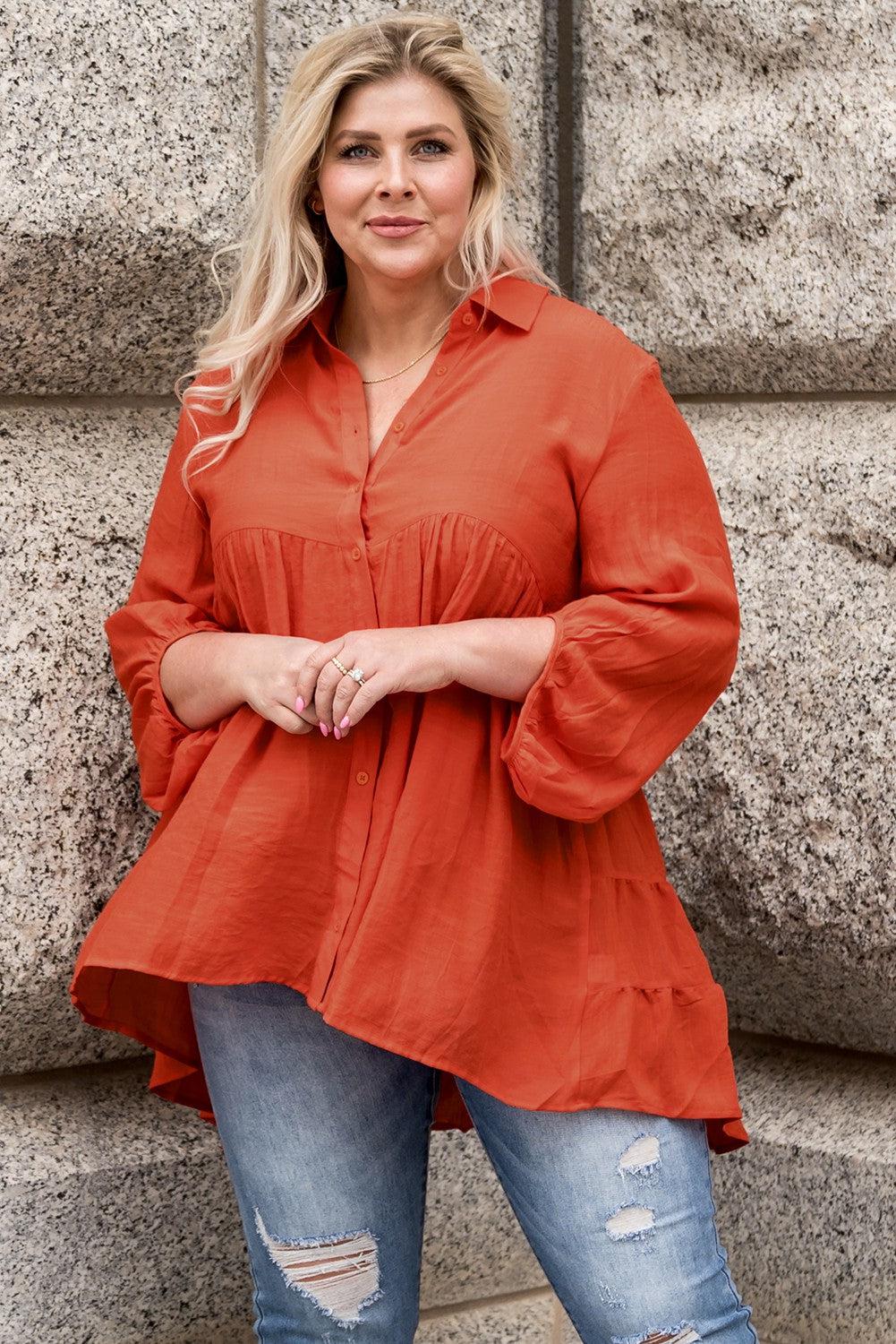 Plus Size Collared Balloon Sleeve Shirt BLUE ZONE PLANET