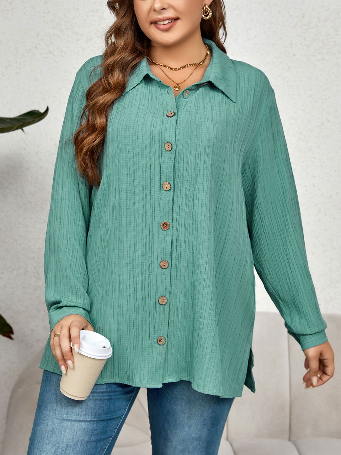 Plus Size Collared Neck Long Sleeve Shirt BLUE ZONE PLANET