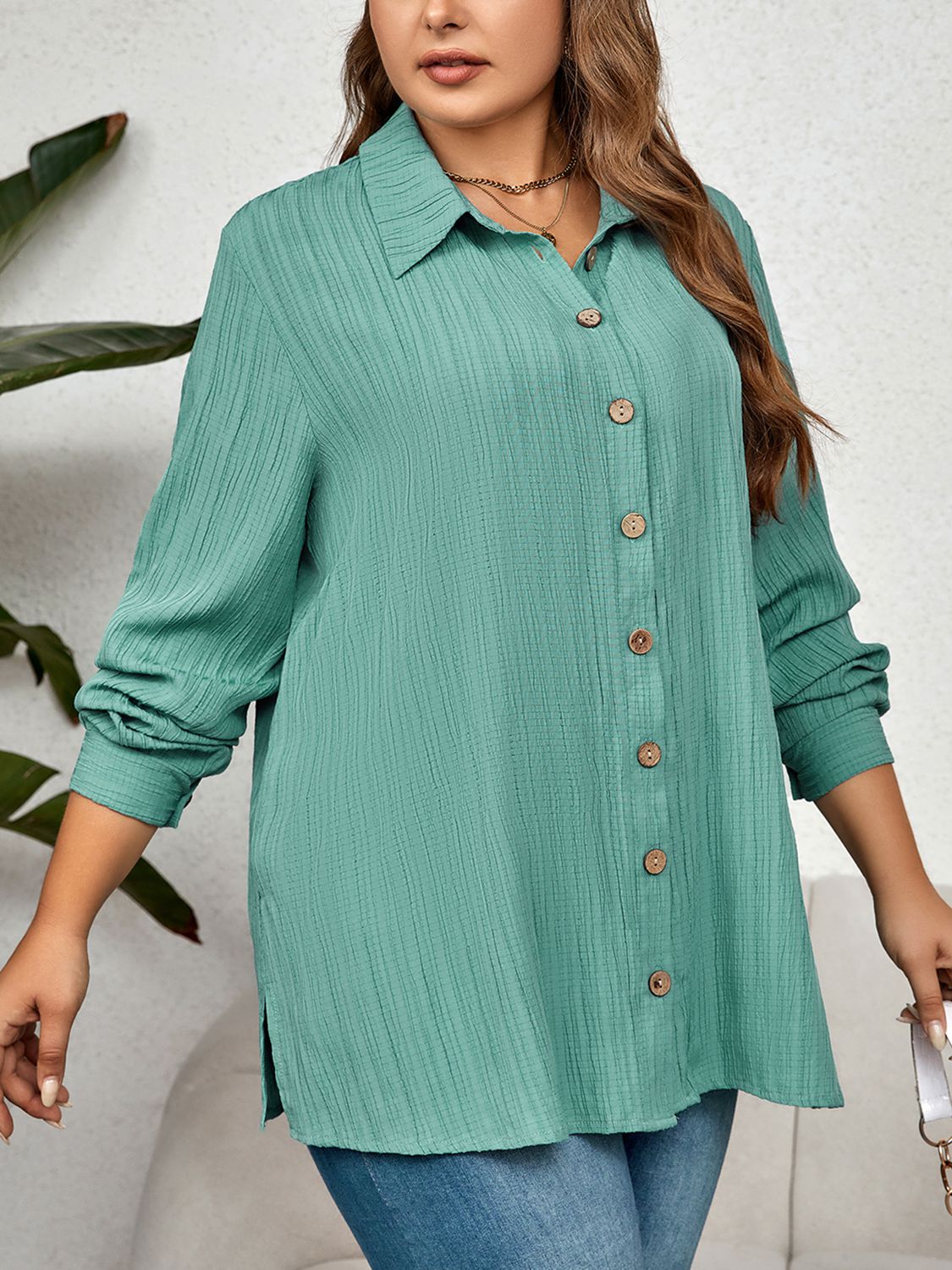 Plus Size Collared Neck Long Sleeve Shirt BLUE ZONE PLANET