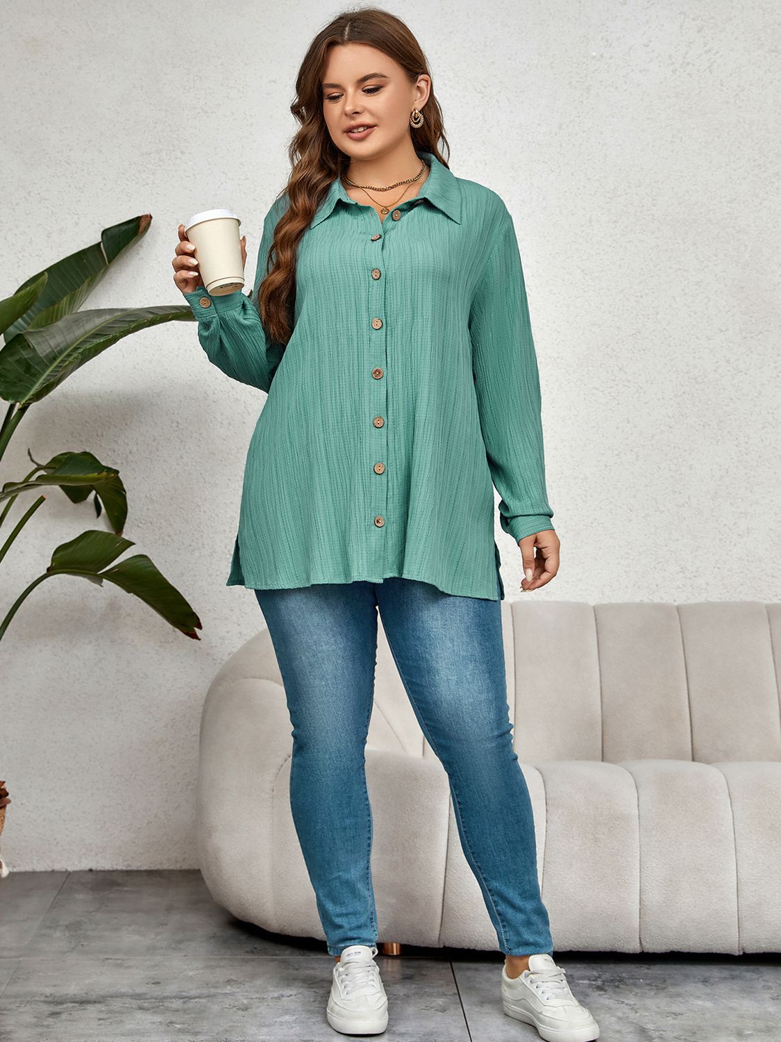 Plus Size Collared Neck Long Sleeve Shirt BLUE ZONE PLANET