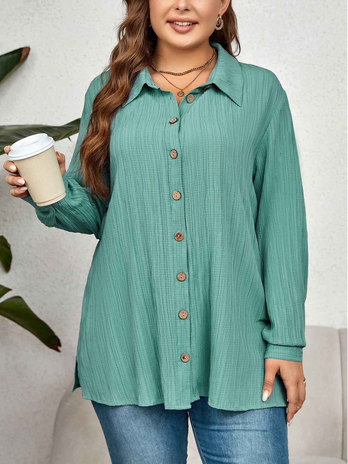 Plus Size Collared Neck Long Sleeve Shirt BLUE ZONE PLANET