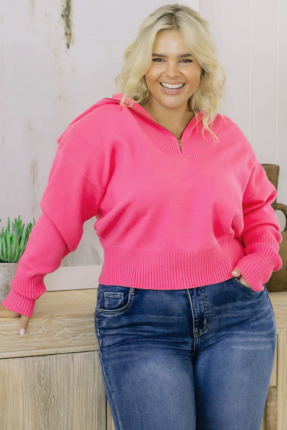Plus Size Collared Neck Zip-Up Long Sleeve Sweater BLUE ZONE PLANET