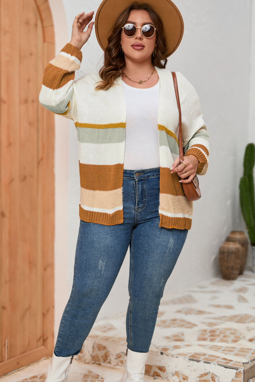 Plus Size Color Block Long Sleeve Cardigan BLUE ZONE PLANET