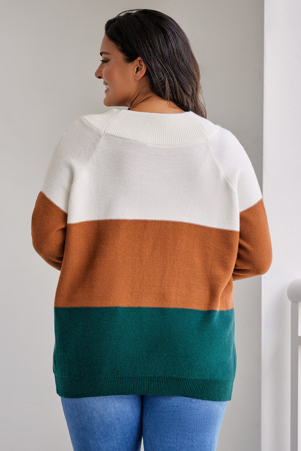 Plus Size Color Block Long Sleeve Sweater BLUE ZONE PLANET