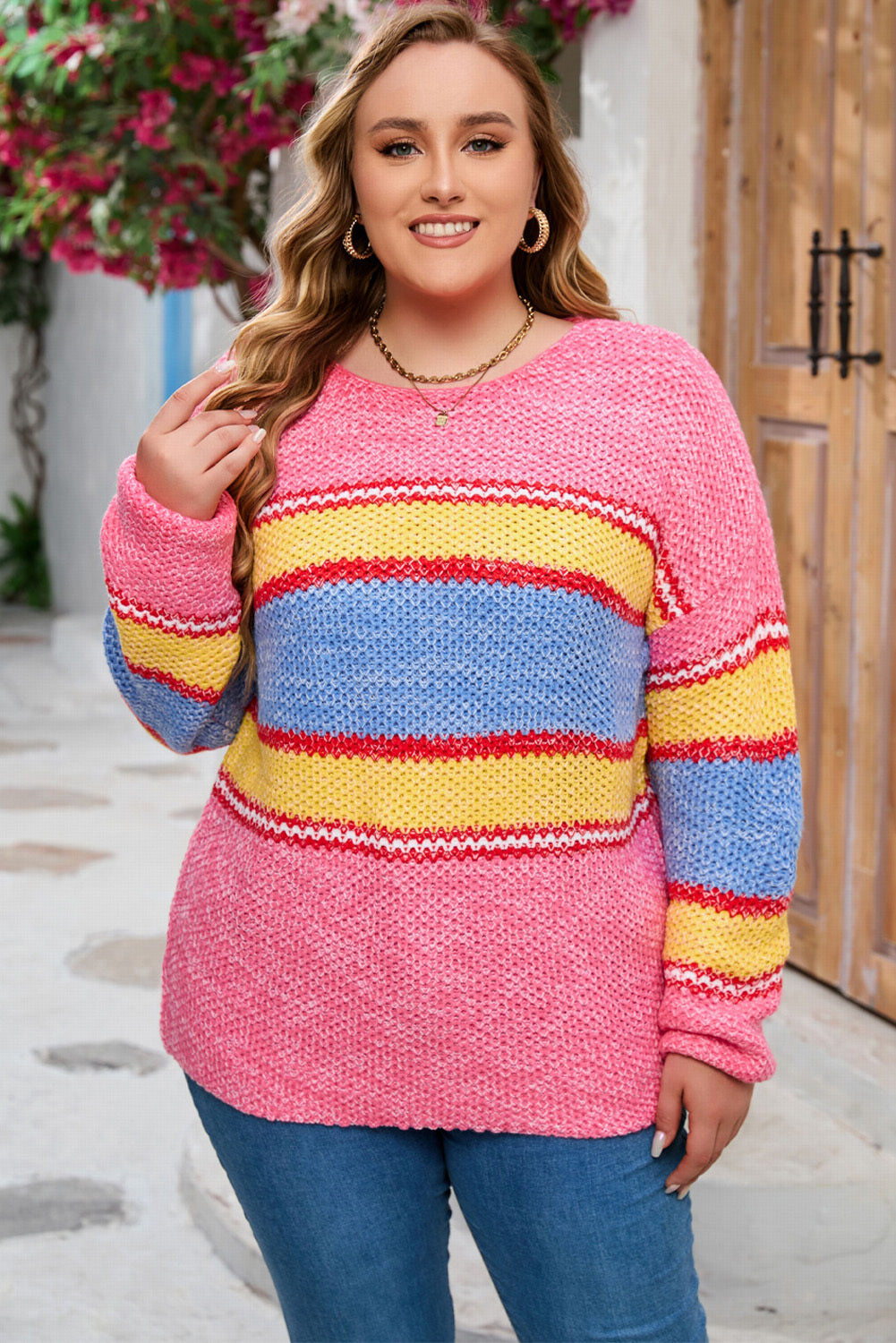Plus Size Color Block Round Neck Long Sleeve Sweater BLUE ZONE PLANET