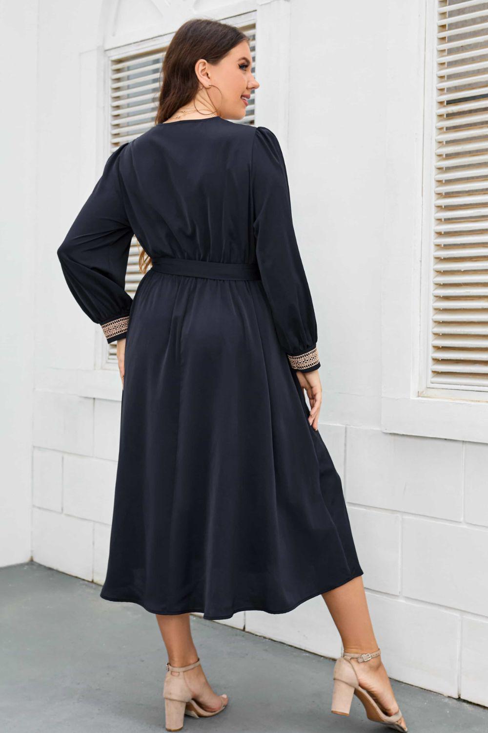 Plus Size Contrast Tie Waist Midi Dress-TOPS / DRESSES-[Adult]-[Female]-2022 Online Blue Zone Planet