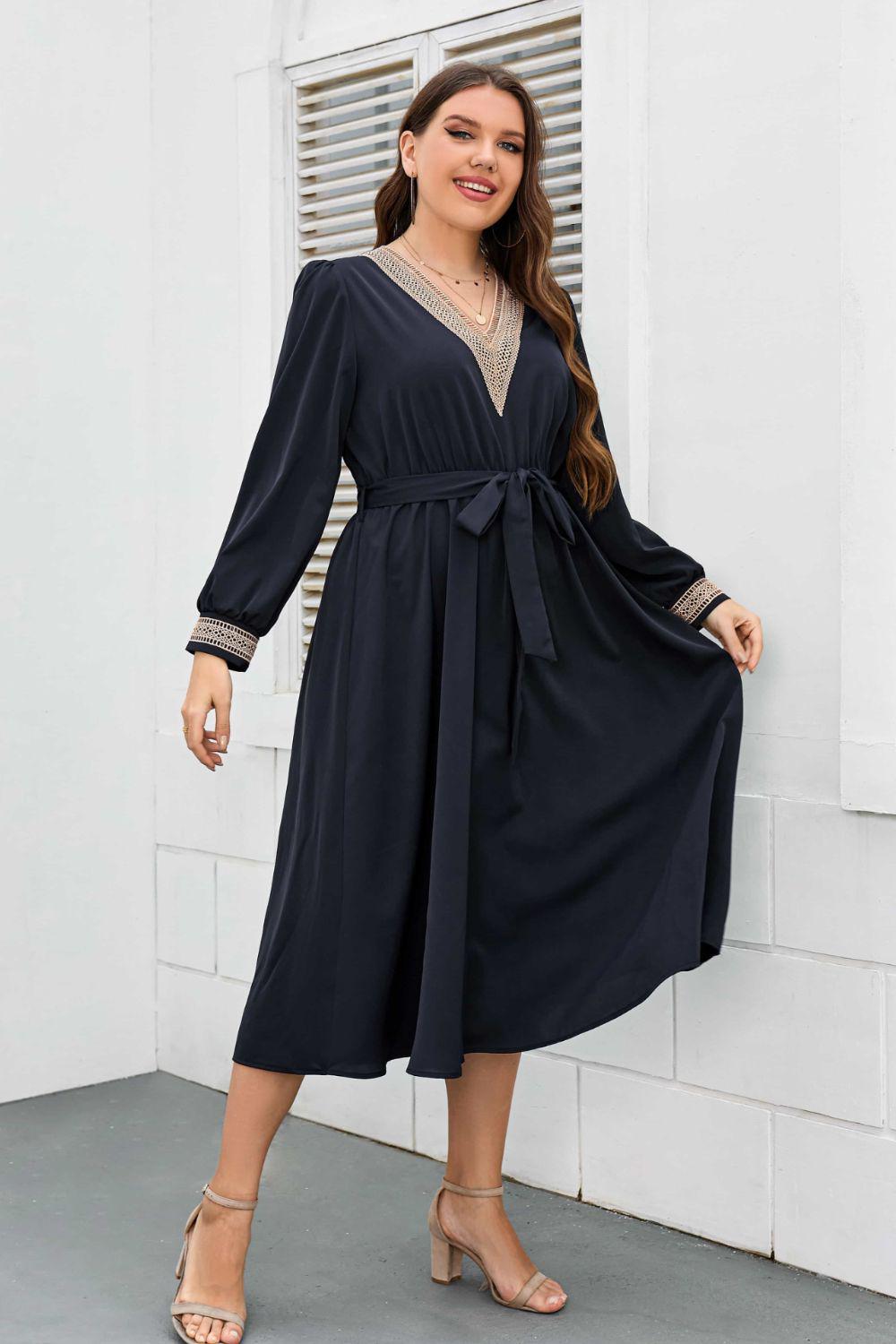 Plus Size Contrast Tie Waist Midi Dress-TOPS / DRESSES-[Adult]-[Female]-2022 Online Blue Zone Planet