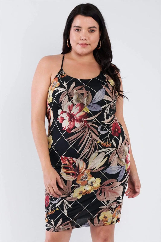 Plus Size Criss-cross Open Back Mini Floral Print Dress Blue Zone Planet