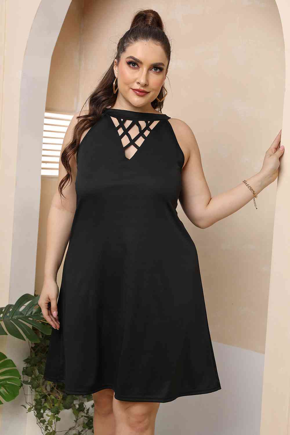 Plus Size Cutout Round Neck Sleeveless Dress BLUE ZONE PLANET