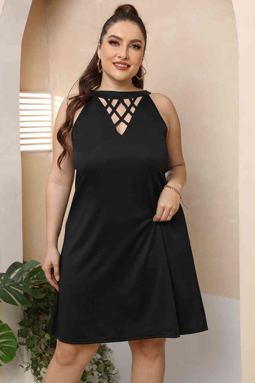 Plus Size Cutout Round Neck Sleeveless Dress BLUE ZONE PLANET