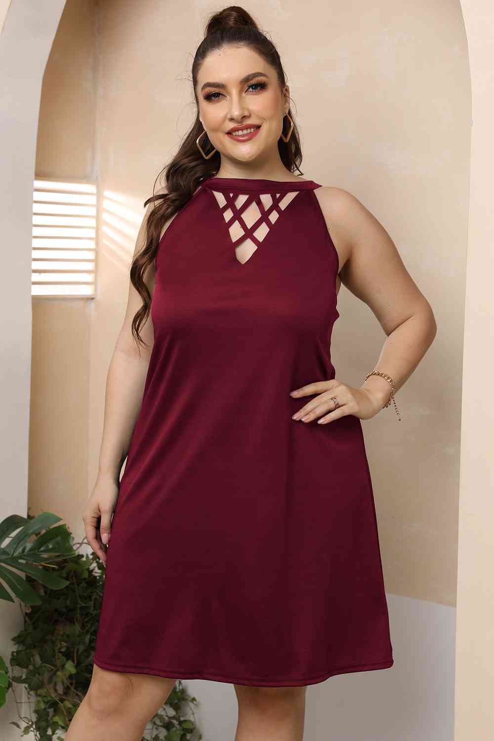 Plus Size Cutout Round Neck Sleeveless Dress BLUE ZONE PLANET