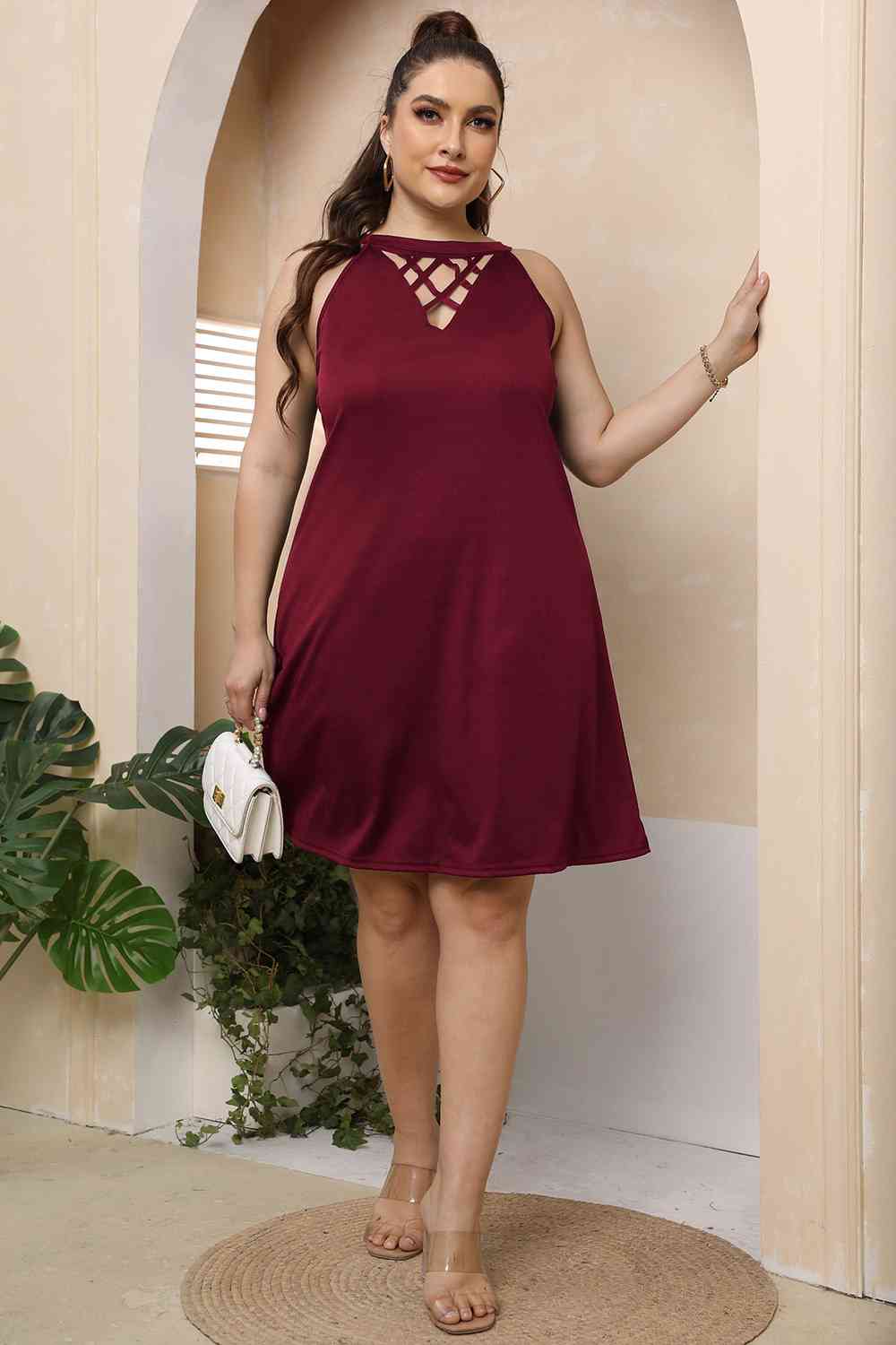 Plus Size Cutout Round Neck Sleeveless Dress BLUE ZONE PLANET