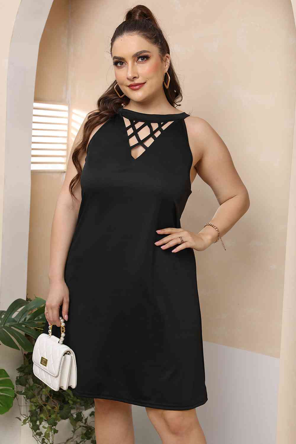 Plus Size Cutout Round Neck Sleeveless Dress BLUE ZONE PLANET