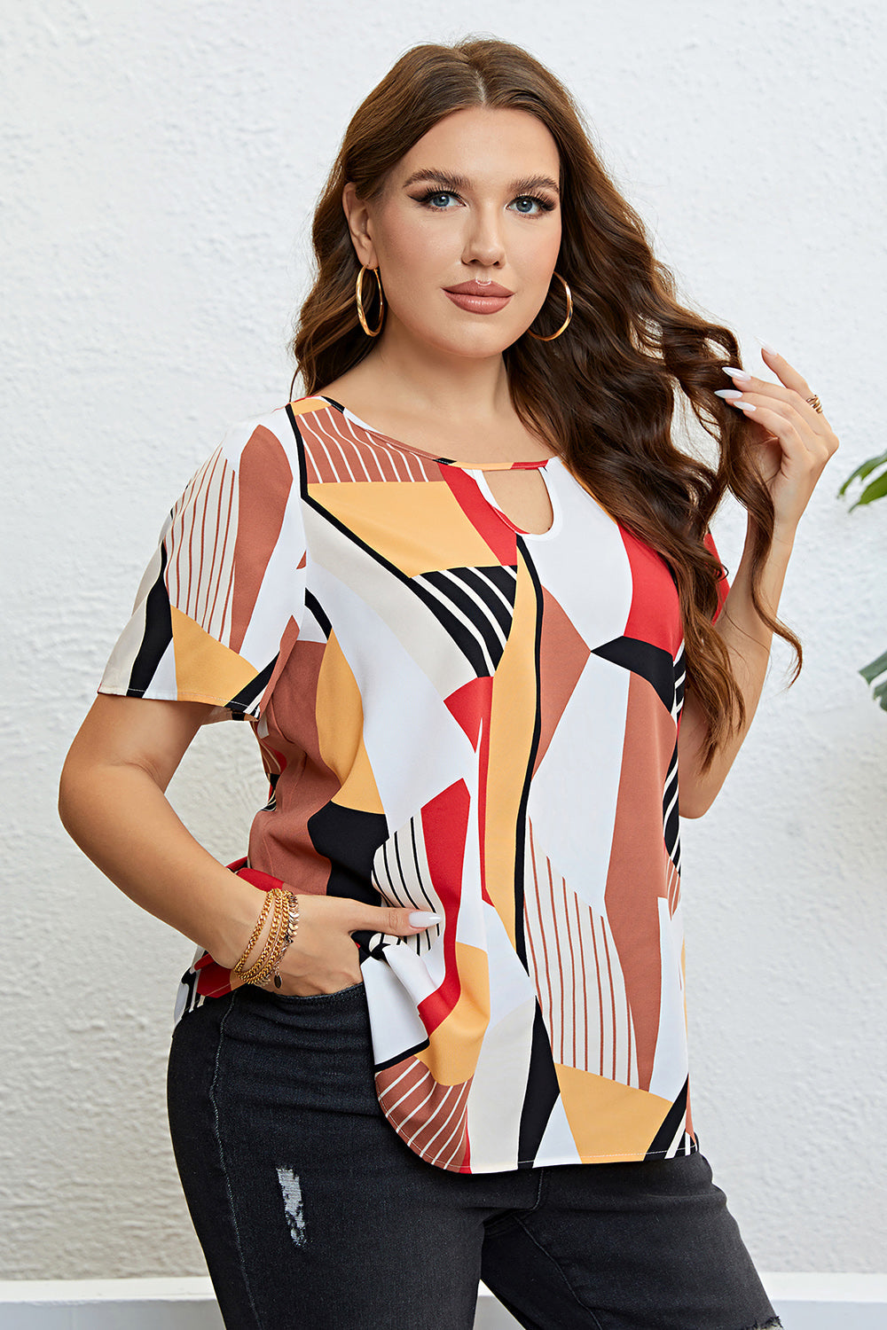 Plus Size Cutout Short Sleeve Blouse BLUE ZONE PLANET