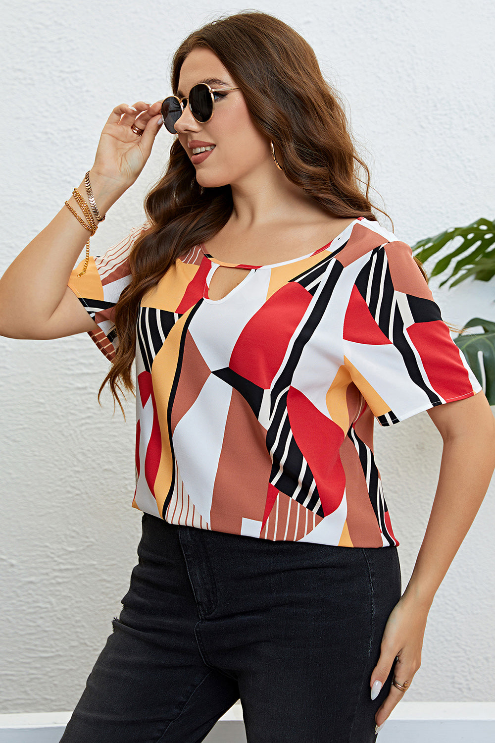 Plus Size Cutout Short Sleeve Blouse BLUE ZONE PLANET