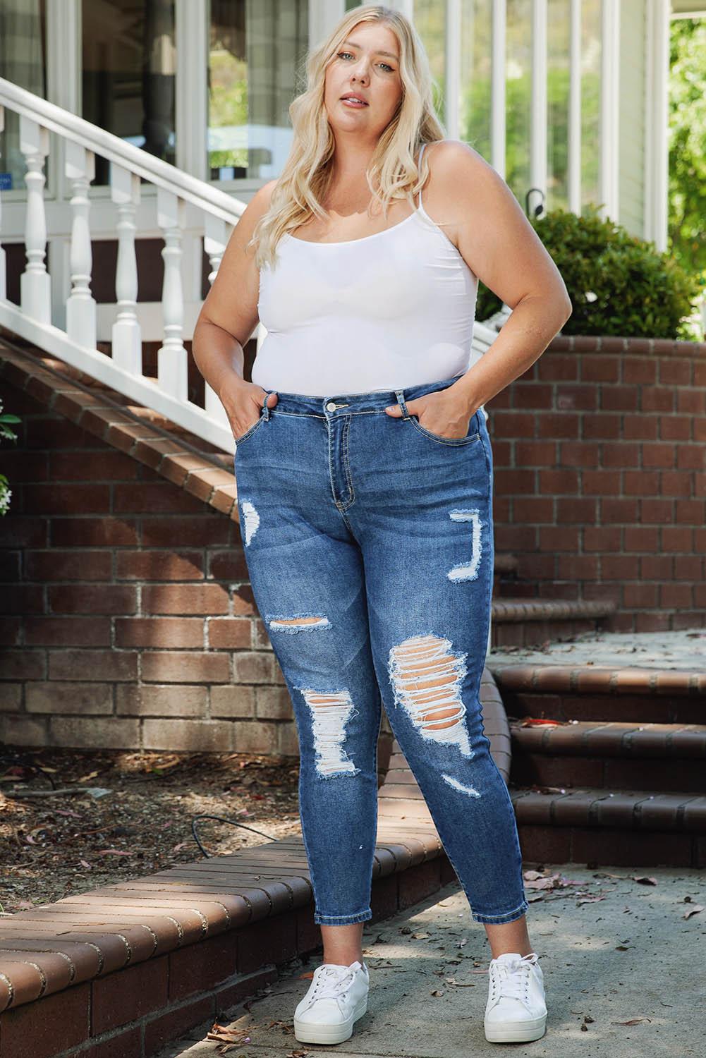 Plus Size Distressed Skinny Jeans BLUE ZONE PLANET