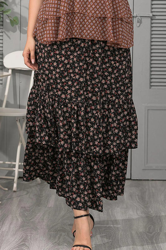 Plus Size Ditsy Floral Layered Maxi Skirt BLUE ZONE PLANET