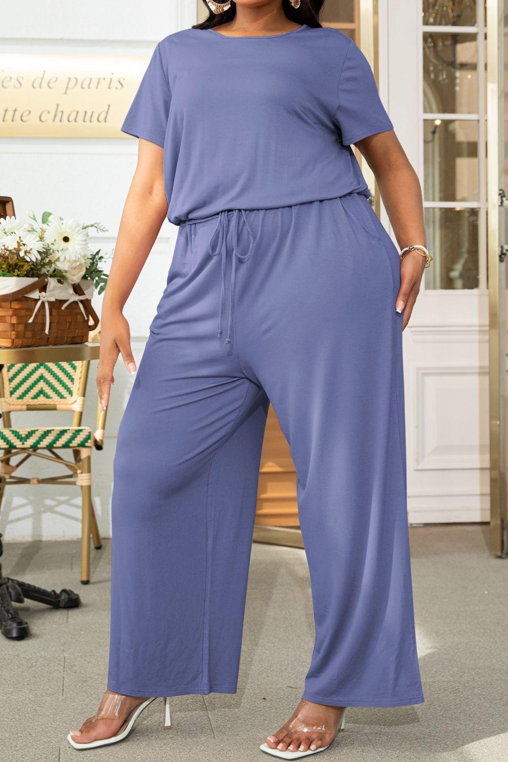 Plus Size Drawstring Waist Short Sleeve Jumpsuit BLUE ZONE PLANET